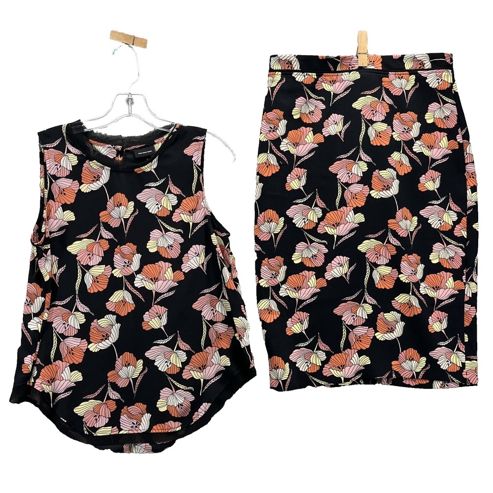 Who What Wear Blouse & Skirt Set Women Small Black Orange Floral Corpcore Garden